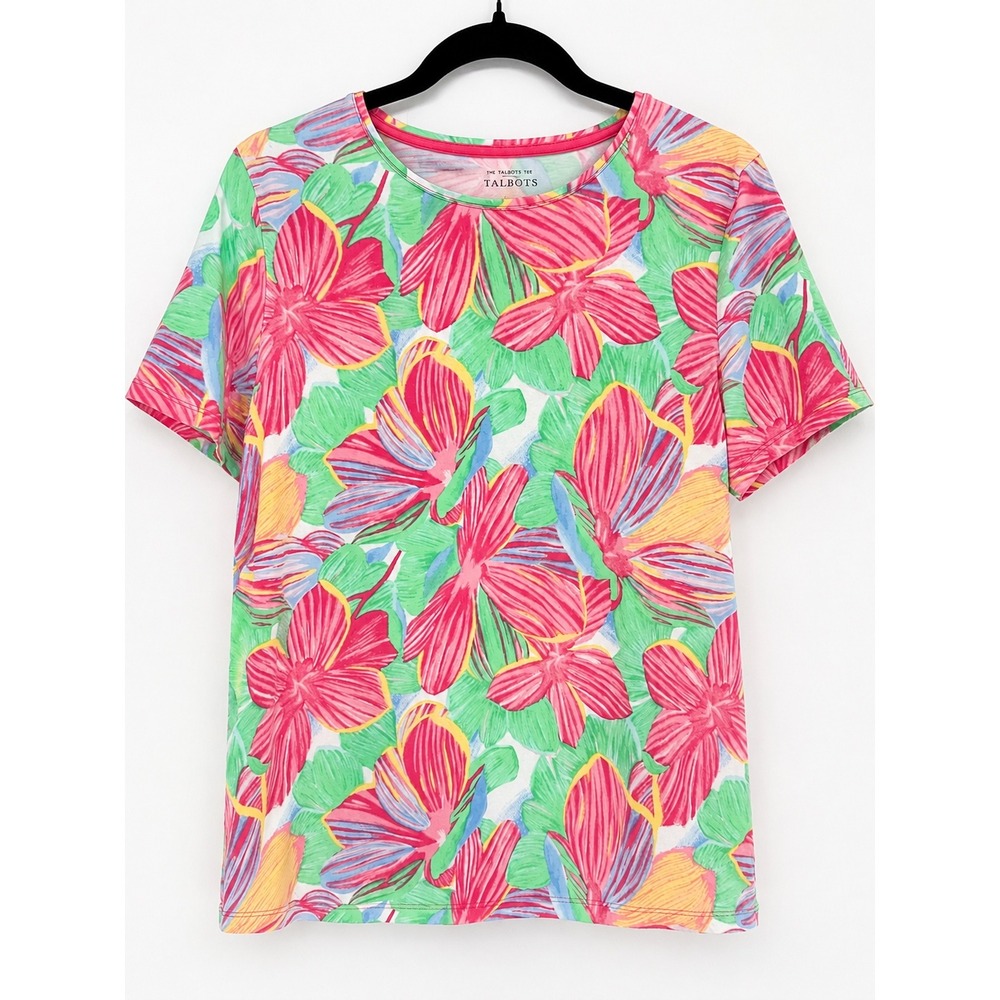 Talbots Tee Women XLp Pink Green Floral‎ Tropical Short Sleeve Cruise Resort